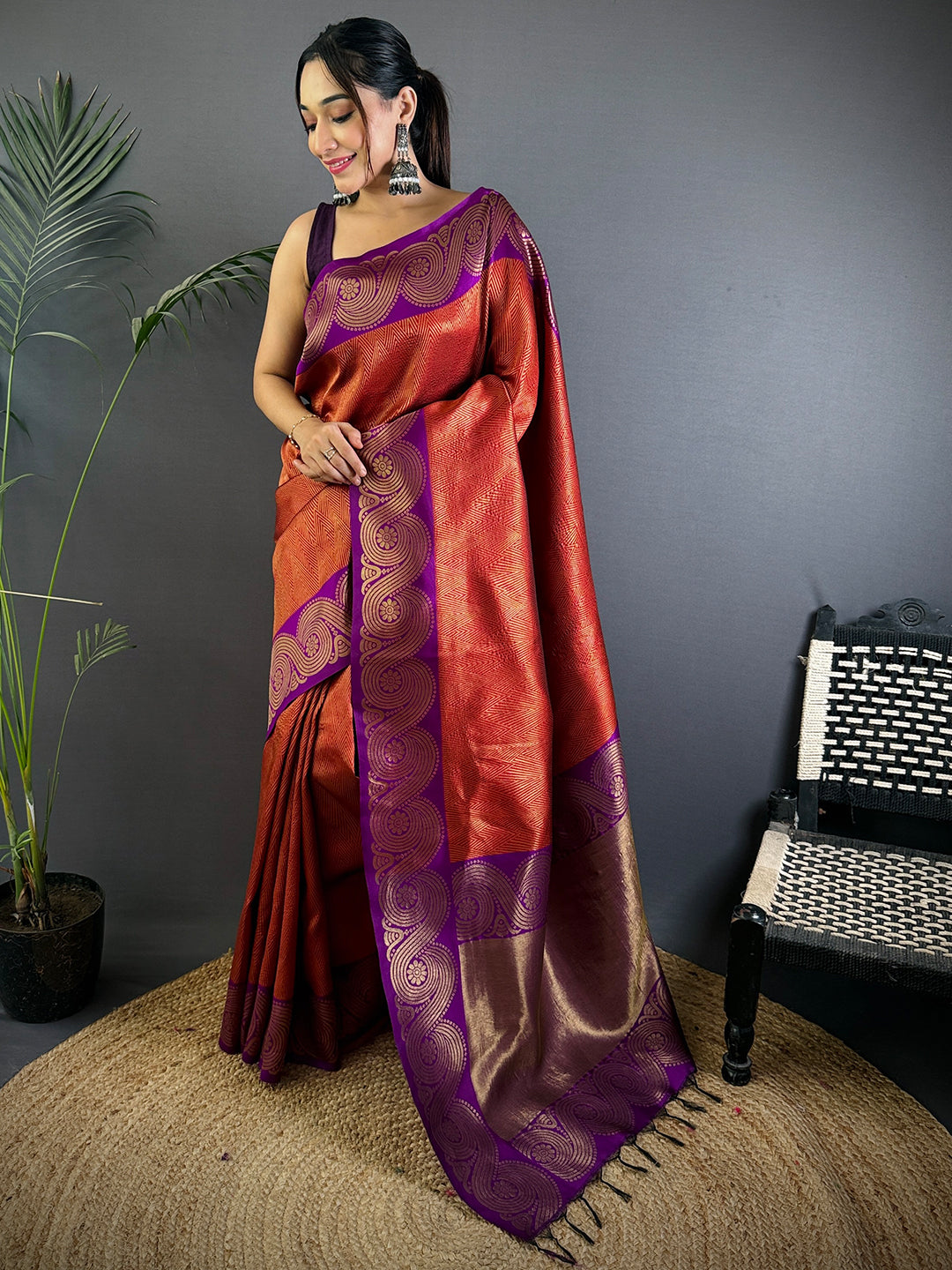 Rust Orange Banarasi Katan Silk Saree