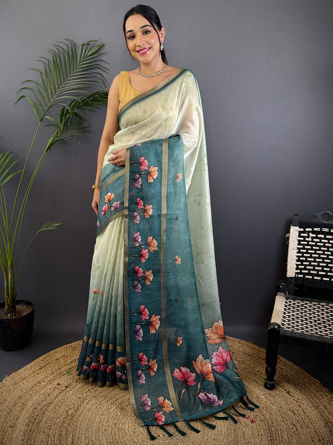 Teal Blue Linen Chanderi Floral Print Saree by My Store