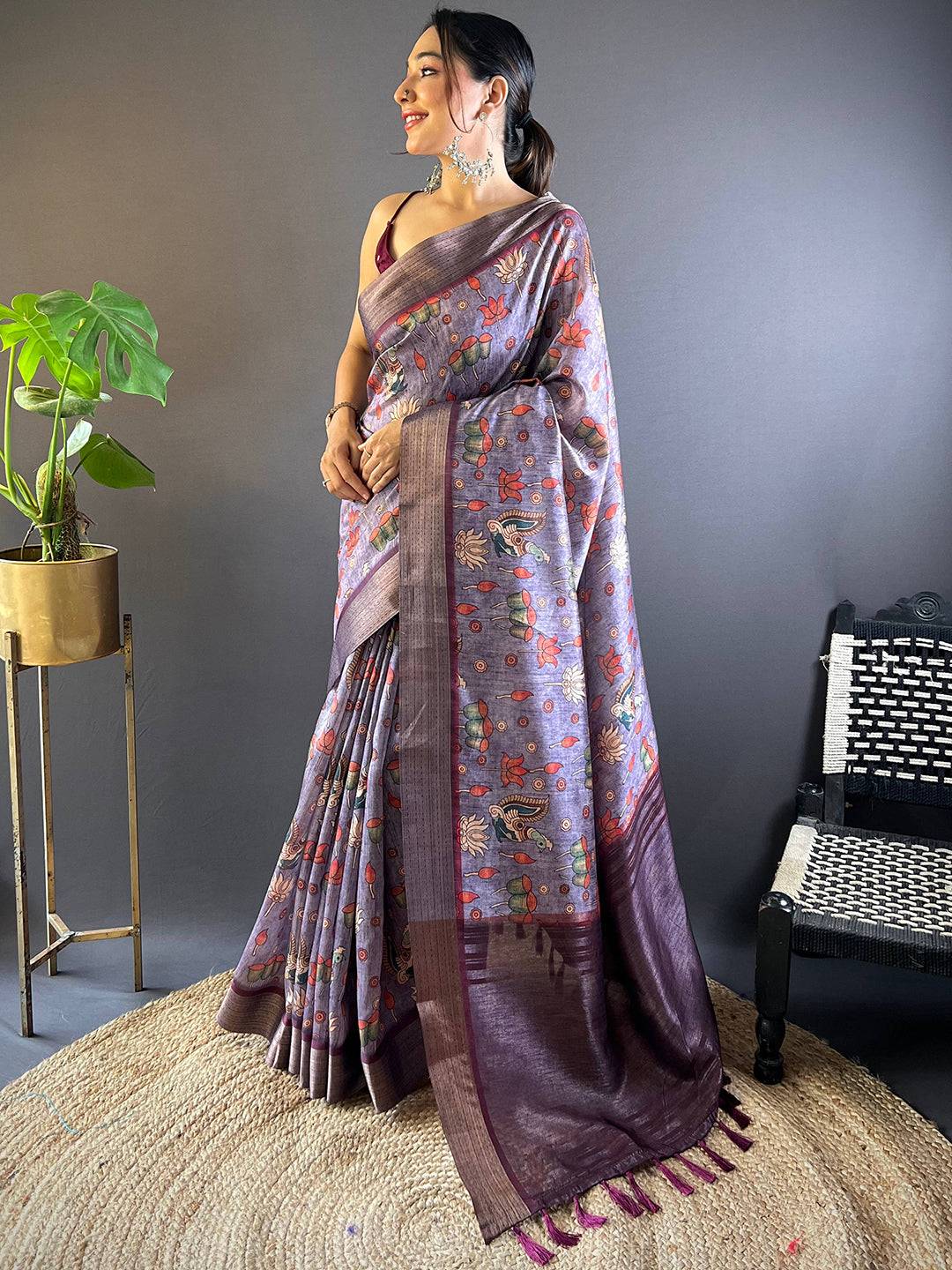 Purple Kalamkari Tussar Silk Saree by My Store