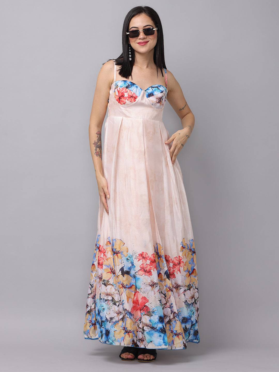 Cream Printed Floral Dress by My Store