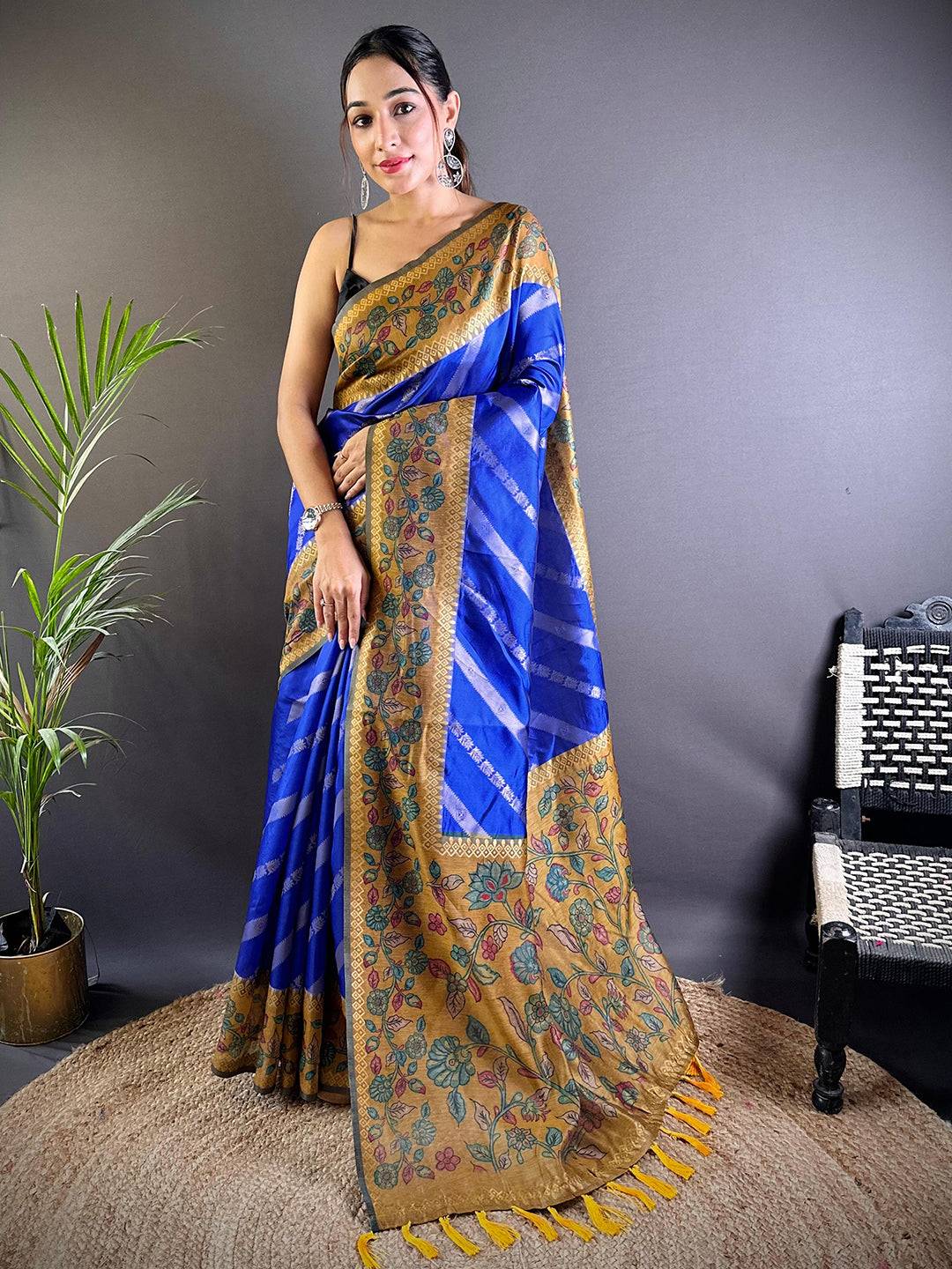 Blue Gold Zari And Kalamkari Print Saree