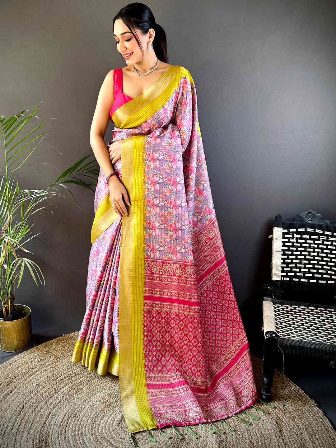 Lavender Tussar Chex Floral Saree by My Store