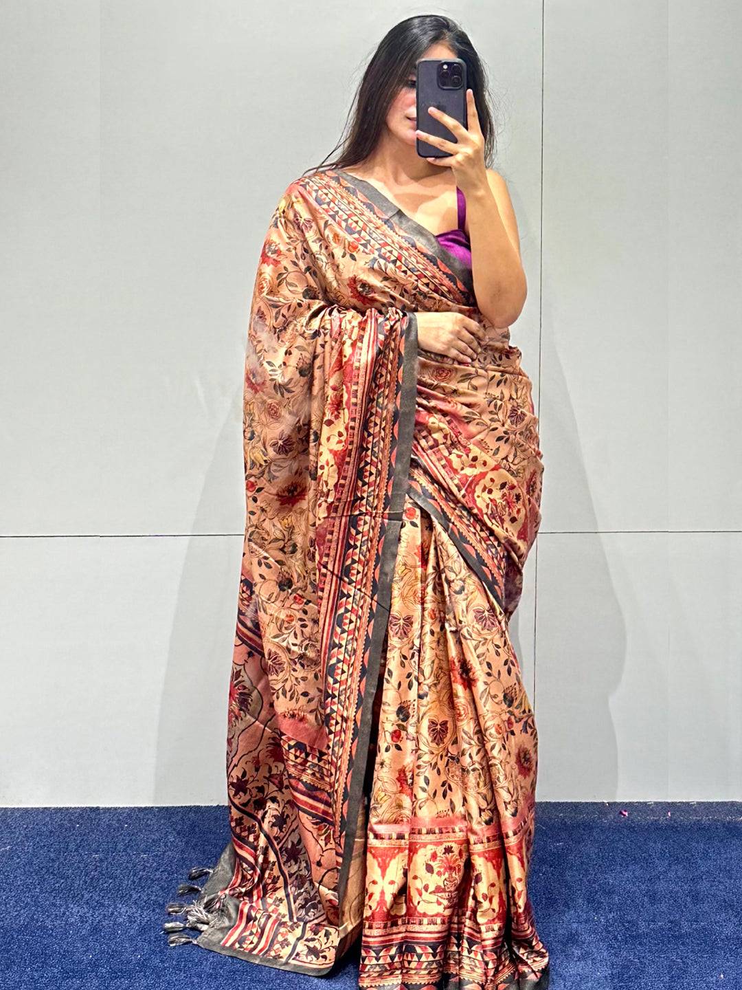 Peachy Pink Tussar Silk Flower Pashmina Print Saree by My Store