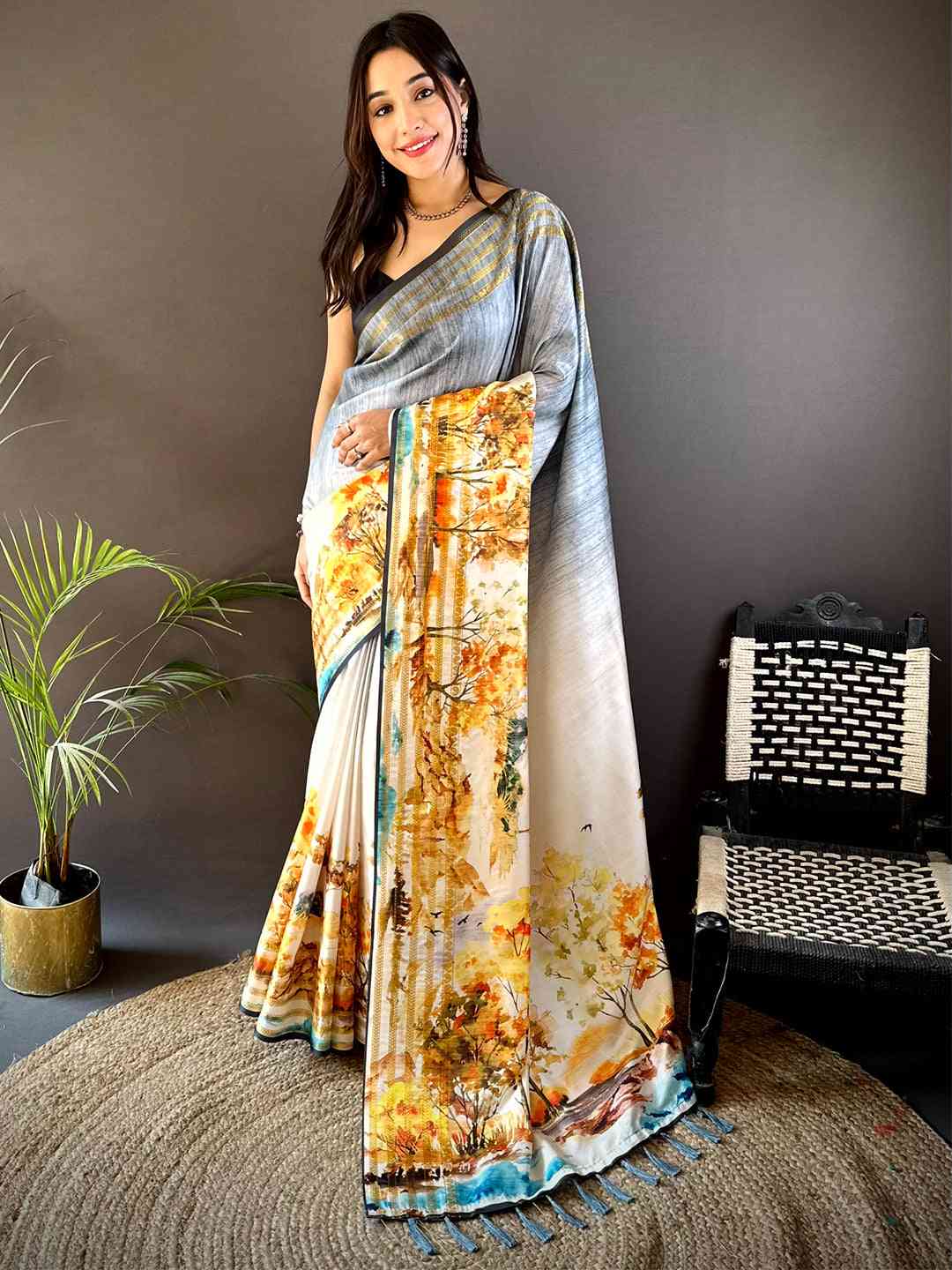 Grey Japanese Freehand Digital Print Saree by My Store