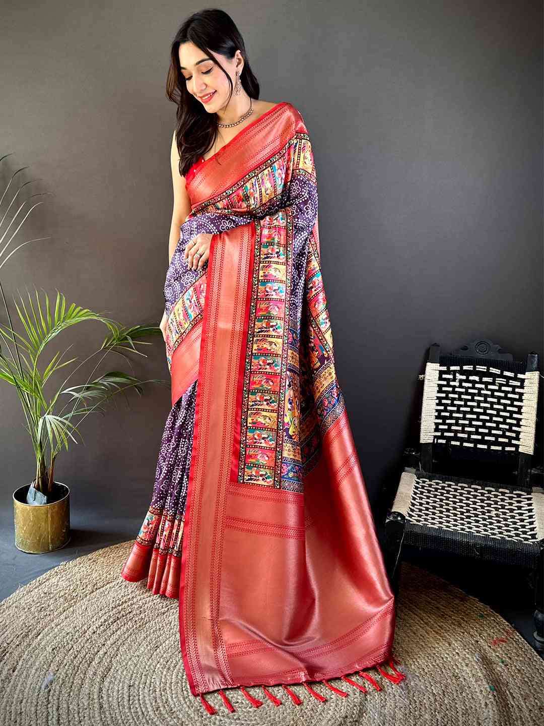 Purple Mughal Kalamkari Print Pashmina Saree by My Store