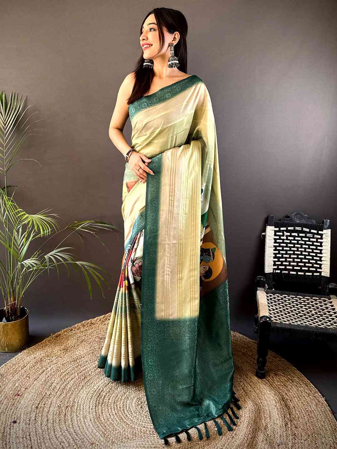 Green Crepe Silk Floral Saree by My Store