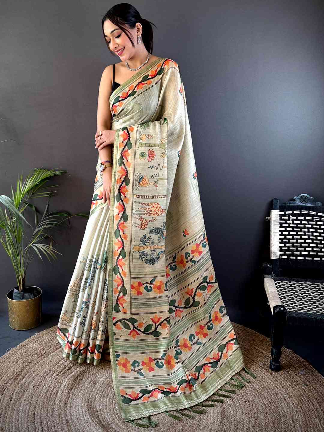 Swamp Green Jungle Floral Zari Tissue Saree by My Store