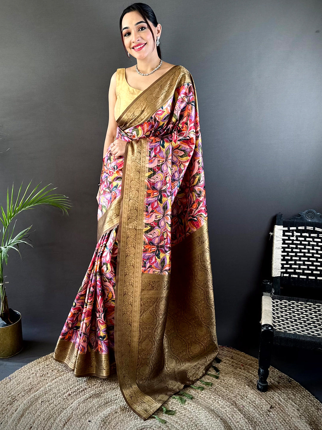 Brown Soft Gadwal Pattu Geometric Saree by My Store