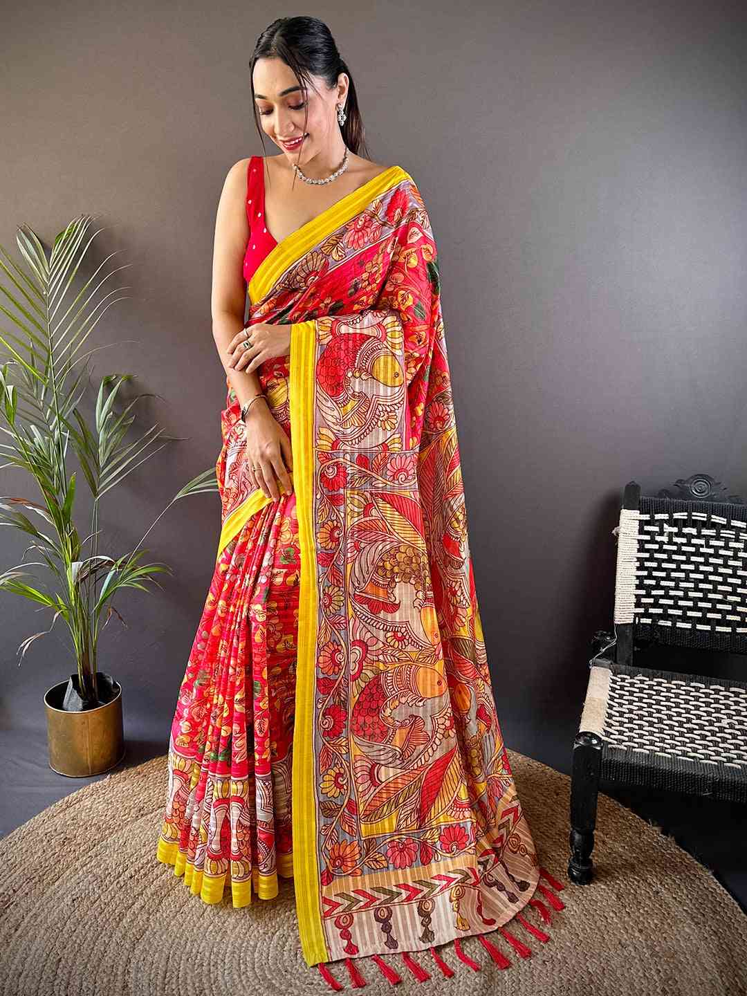 Rose Red Pen Kalamkari Linen Saree by My Store