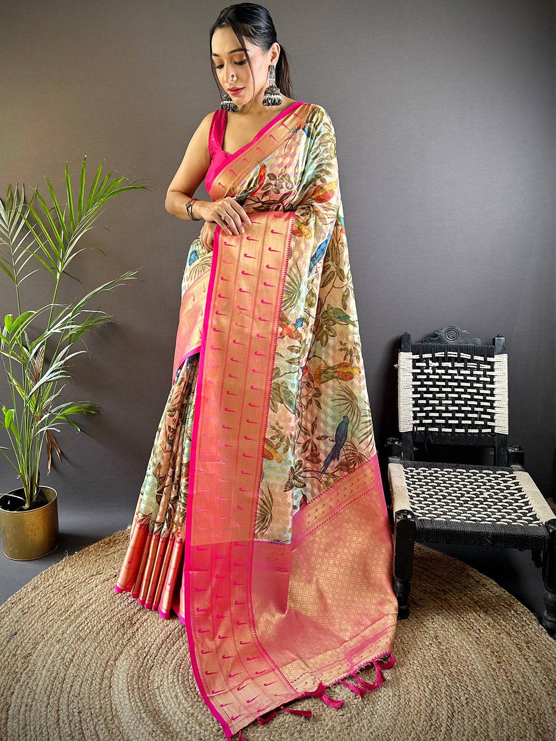 Tan Floral Paithani Kora Silk Saree by My Store