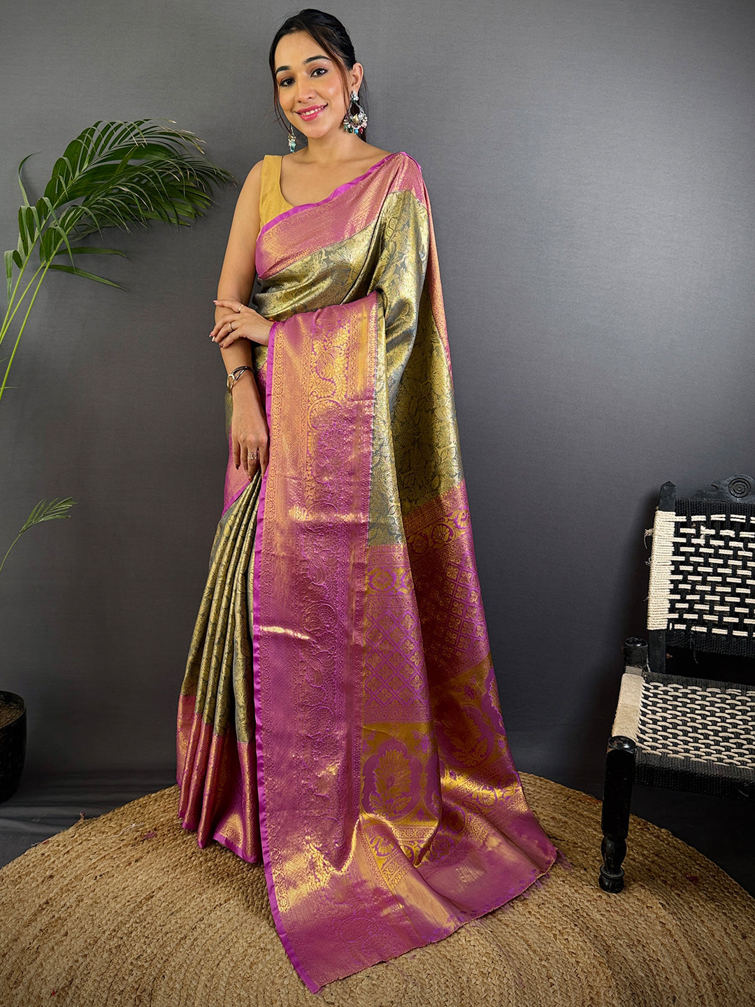 Grey Golden Threadwork Dharmavaram Saree by My Store