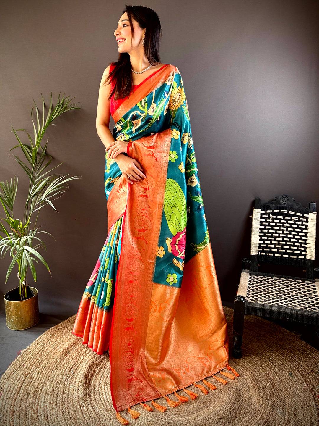 Rama Soft Silk Saree With Pichwai Kalamkari Print by My Store