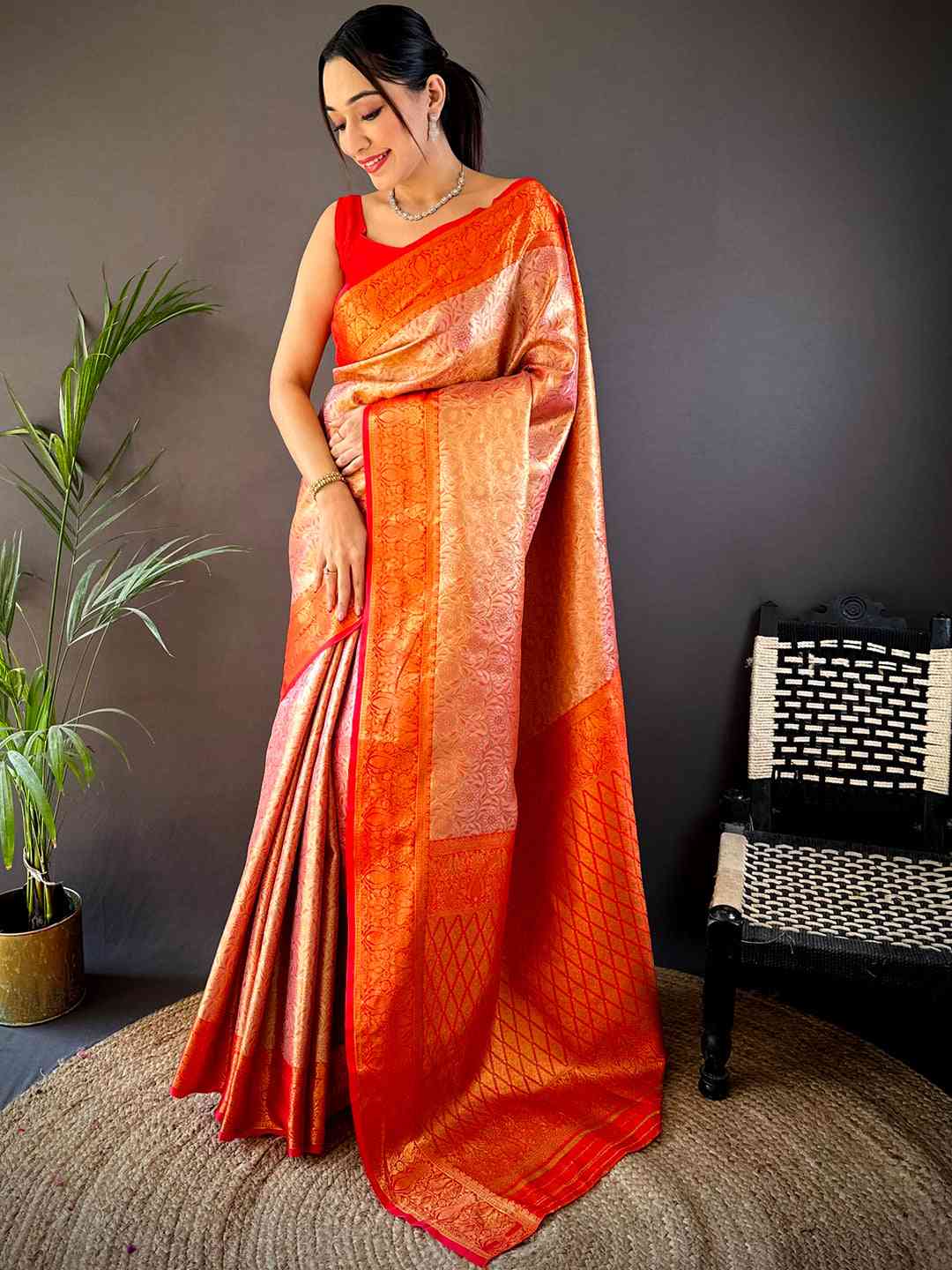 Gold Zari Floral Saree in Red by My Store