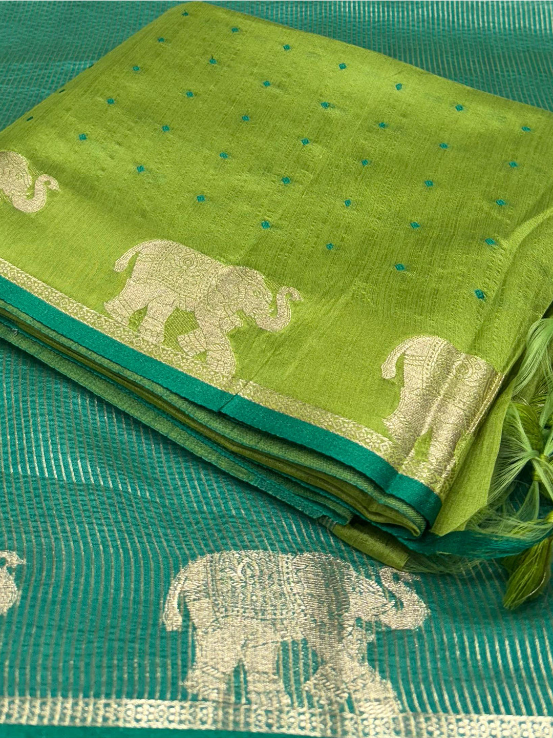 Green Pure Silk Bandhani Butti Saree by My Store