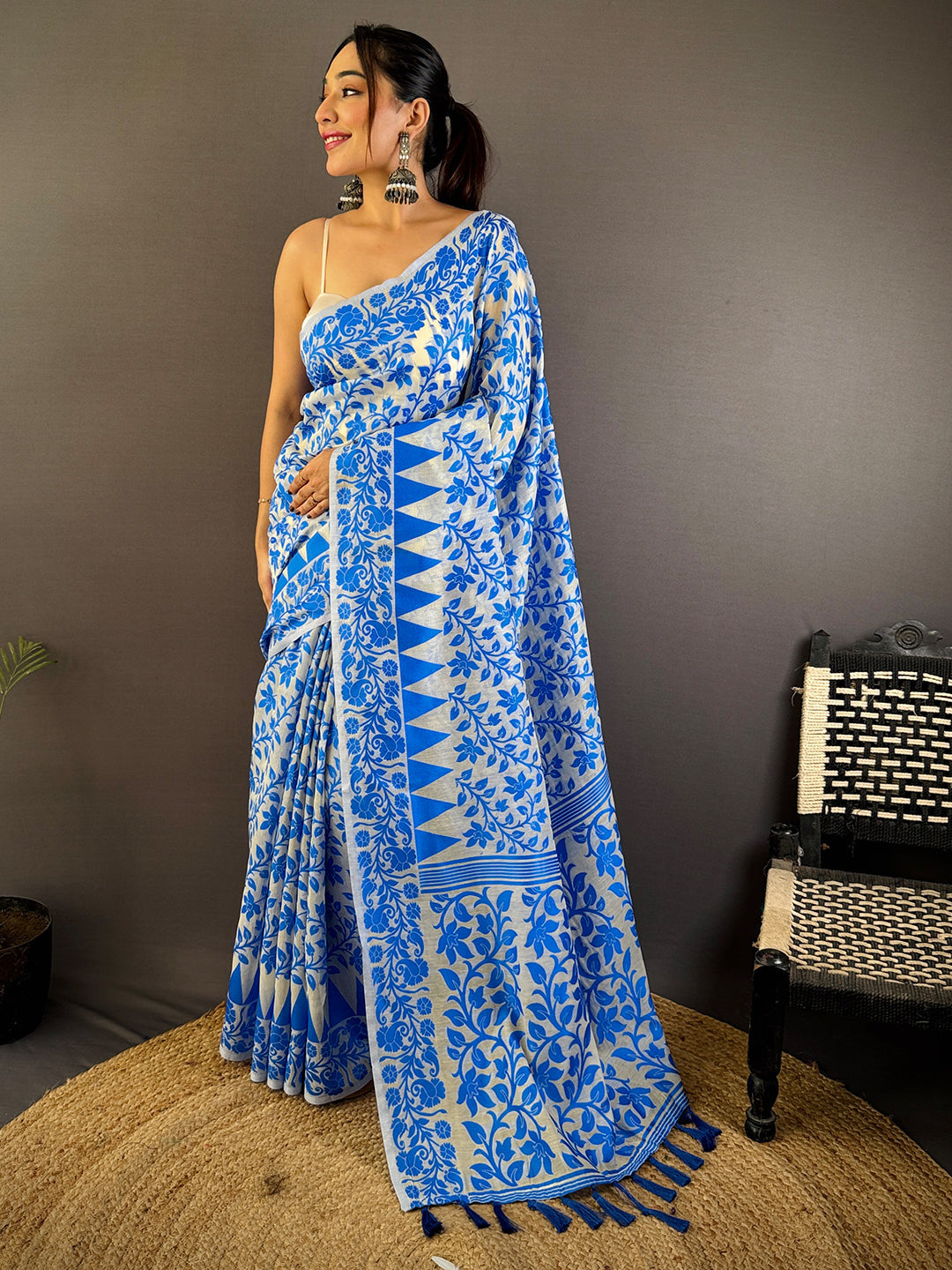 Sky Blue Dhakai Jamdani Cotton Silk Saree by My Store