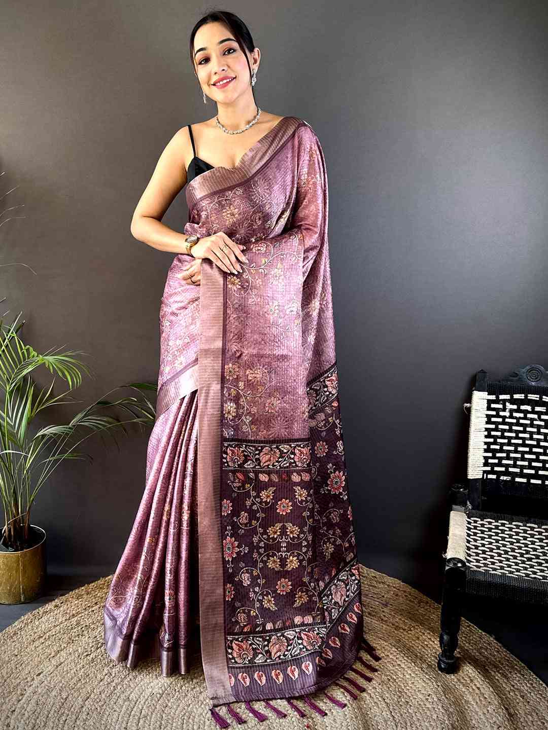 Lavender Gold Zari Chanderi Phulkari Floral Saree by My Store