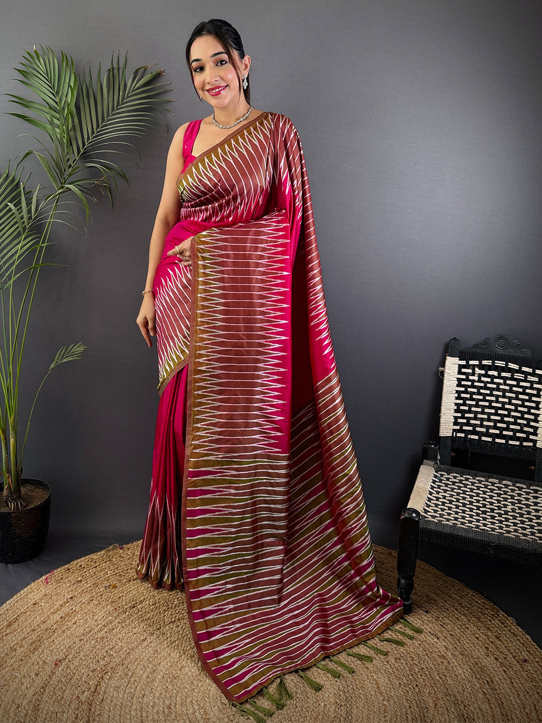 Peach Soft Silk Ikkat Zari Weaving Saree by My Store