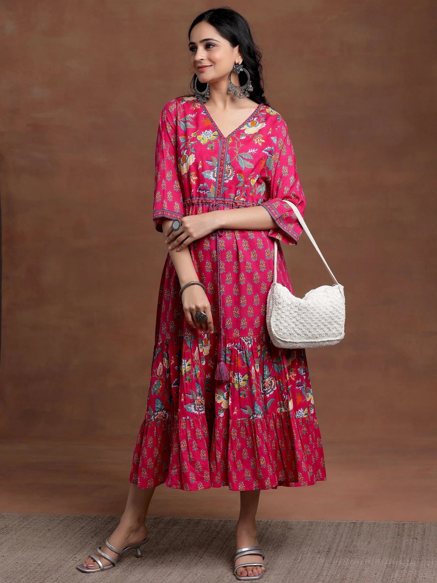 Pink Printed Cotton Fit and Flare Dress by My Store