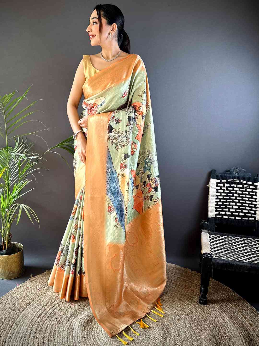 Pista Soft Silk Gold Zari Kalamkari Chex Saree by My Store