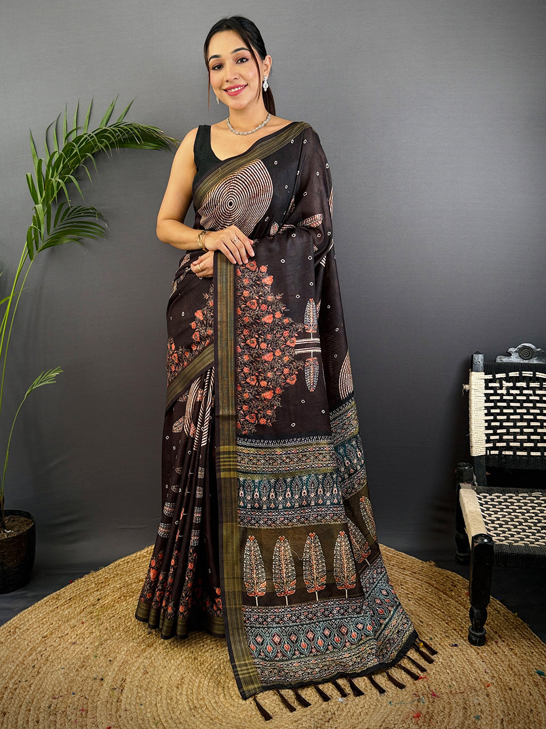 Deep Brown Linen Ajarak Print Saree by My Store