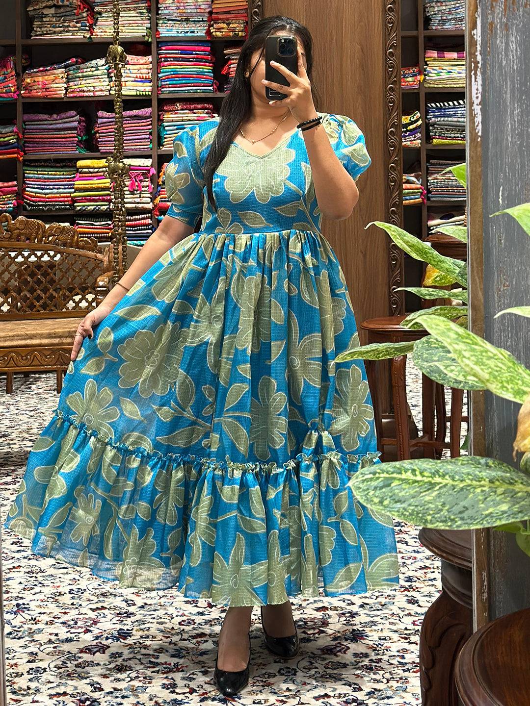 Torpical Teal Floral Print Midi Dress