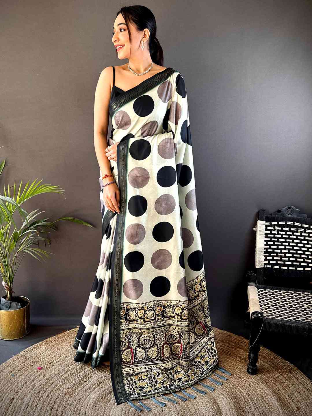 Pista Soft Silk Polka Dot Print Saree by My Store
