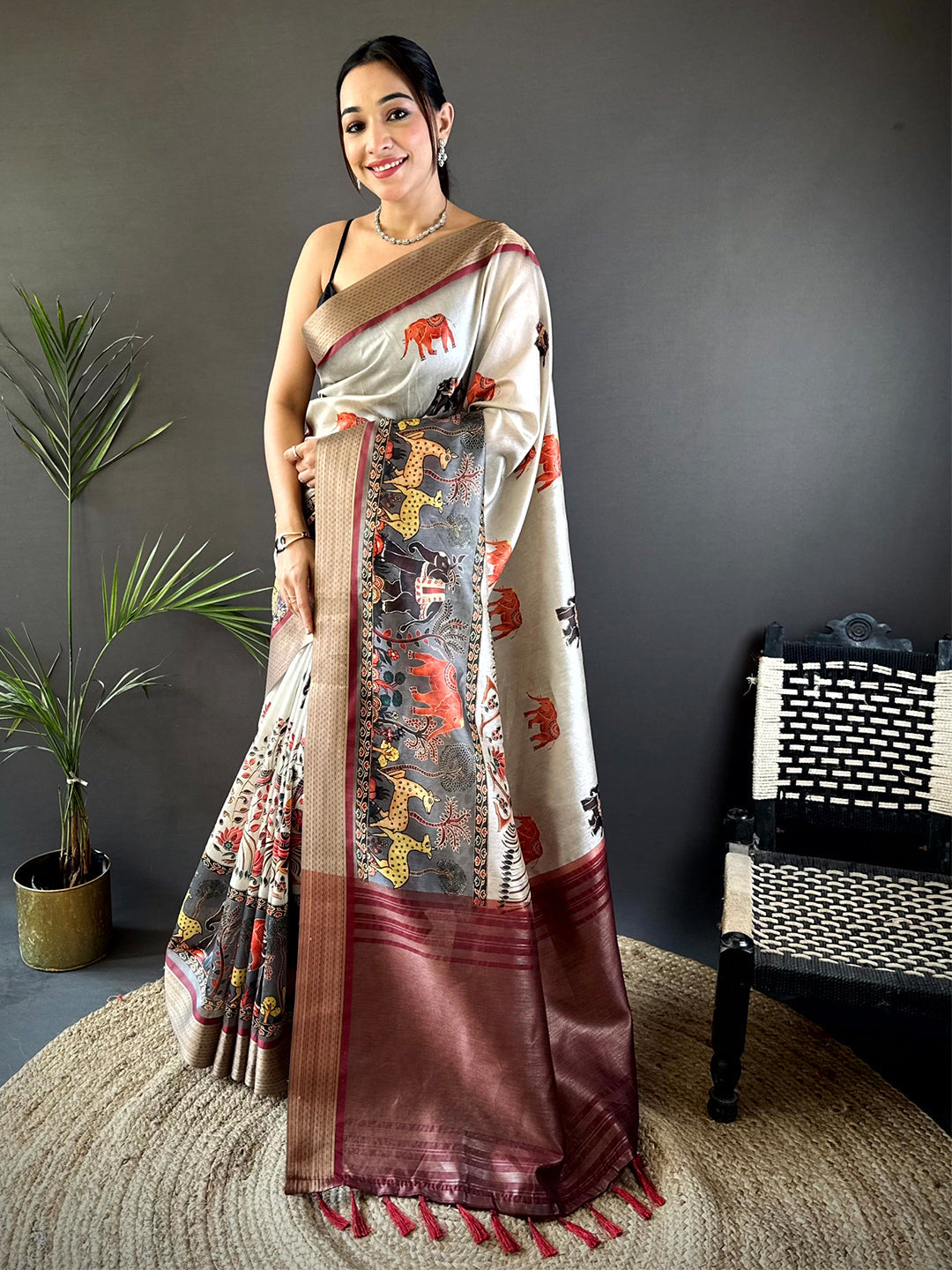 Ivory Digital Kalamkari Printed Tussar Silk Saree by My Store