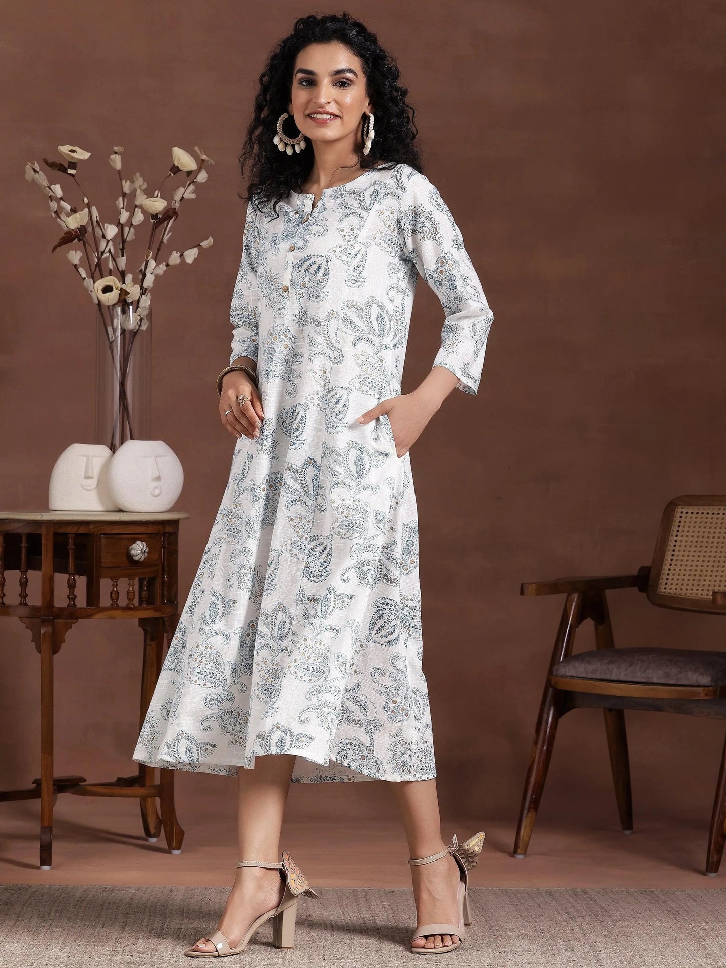 White Printed Cotton A-Line Dress