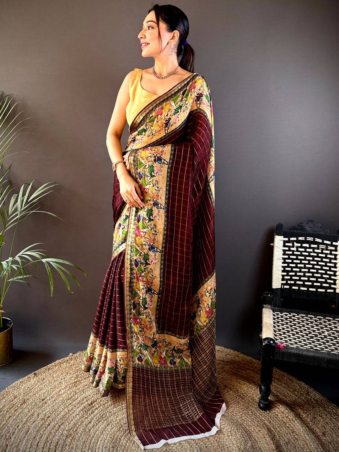 Brown Chinnon Chiffon Kalamkari Saree by My Store