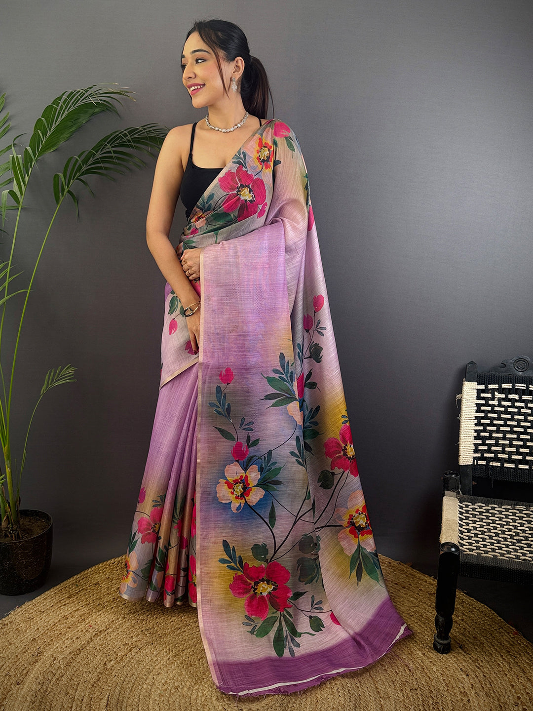 Purple Linen Chanderi Floral Print Saree by My Store
