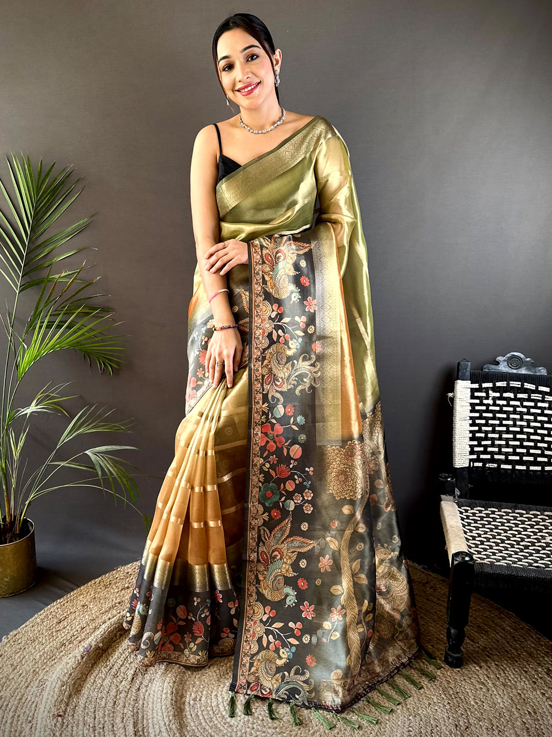 Green Tissue Kalamkari Print Saree by My Store