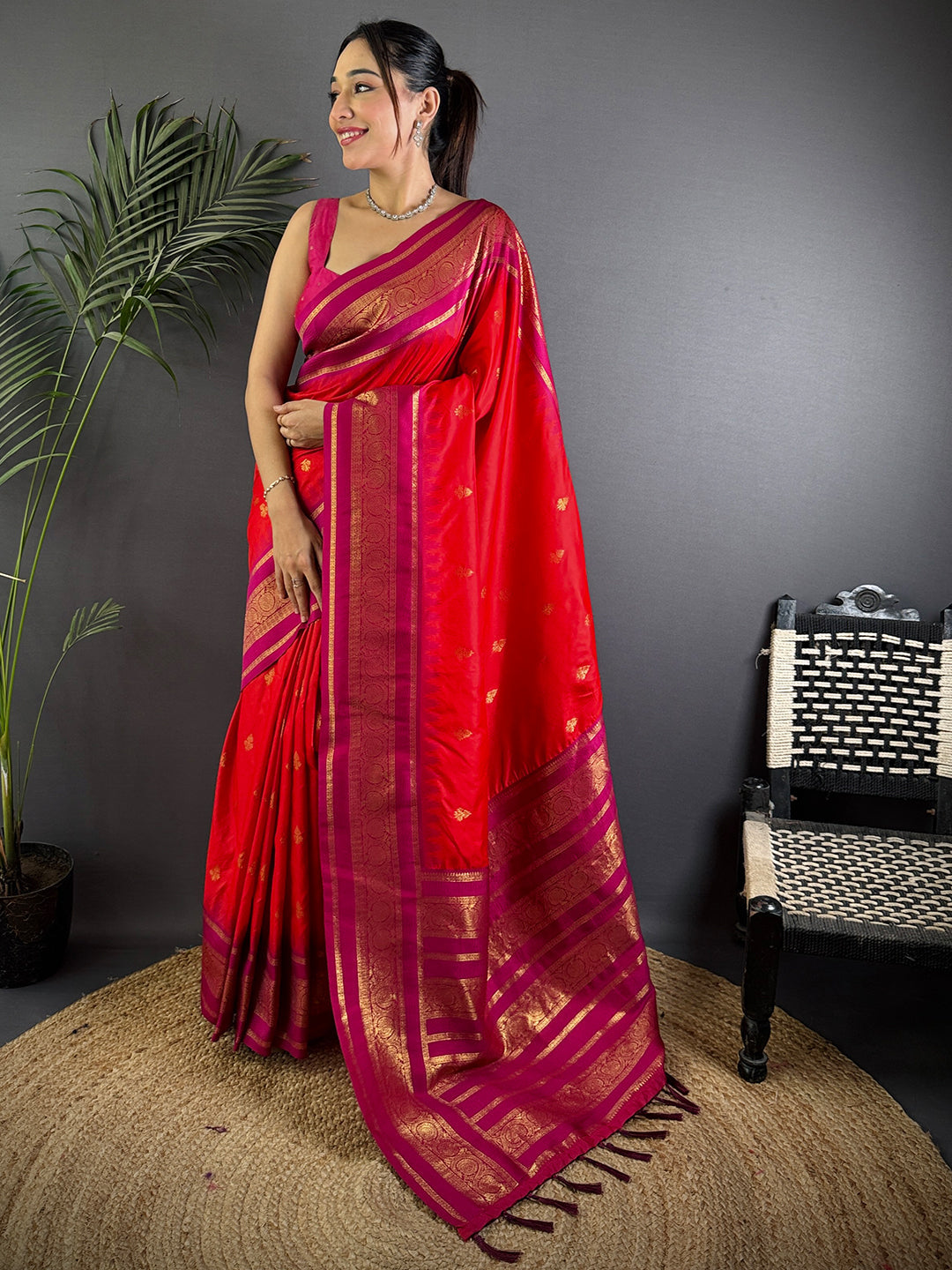 Rose Red Gadwal Border Soft Silk Saree by My Store