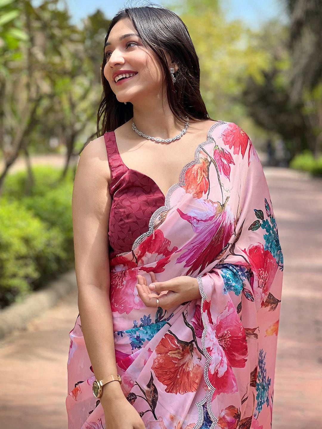 Peach Satin Georgette Floral Print Saree by My Store