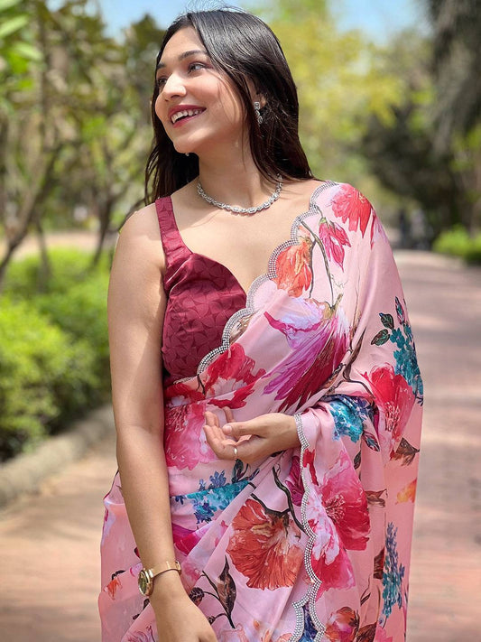 Peach Satin Georgette Floral Print Saree by My Store
