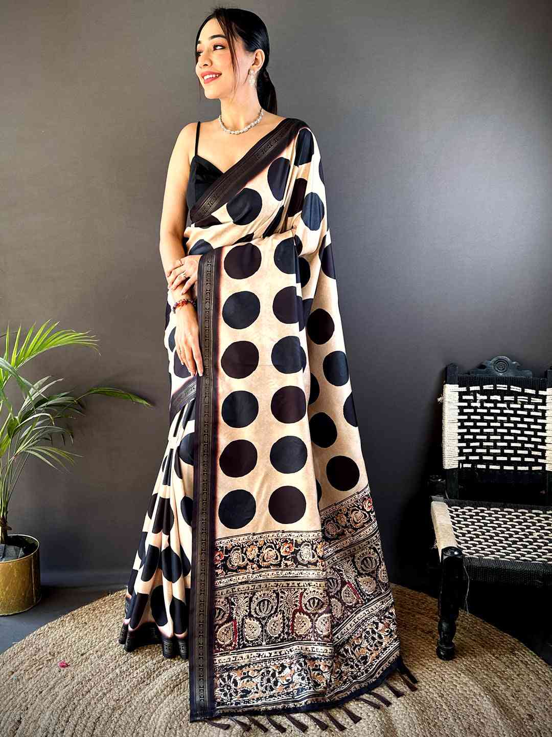 Cream Soft Silk Polka Dot Print Saree by My Store
