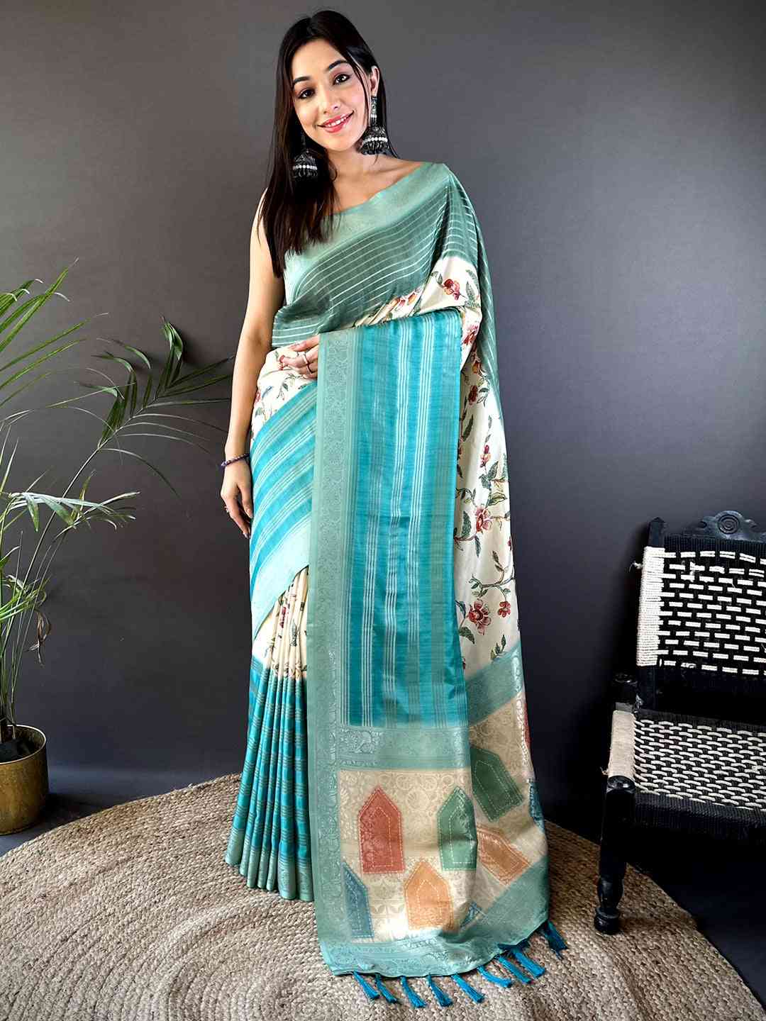 Pastel Teal Soft Crepe Silk Digital Ombre Saree by My Store