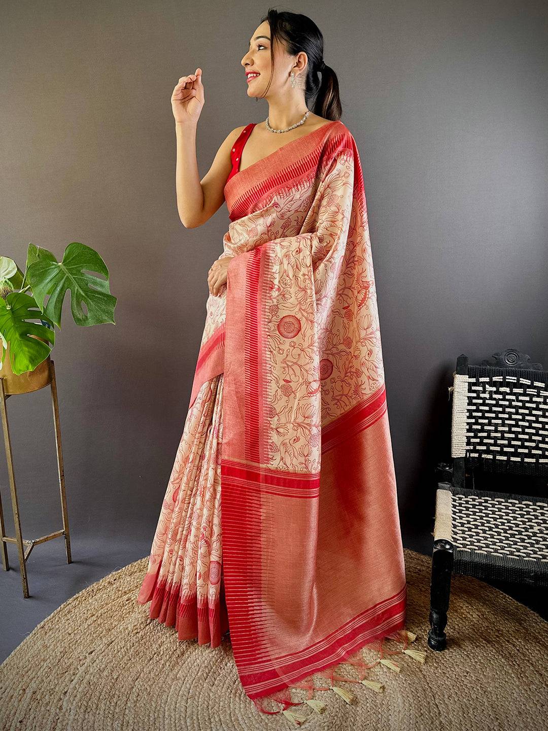 Red Floral Tussar Silk Saree by My Store
