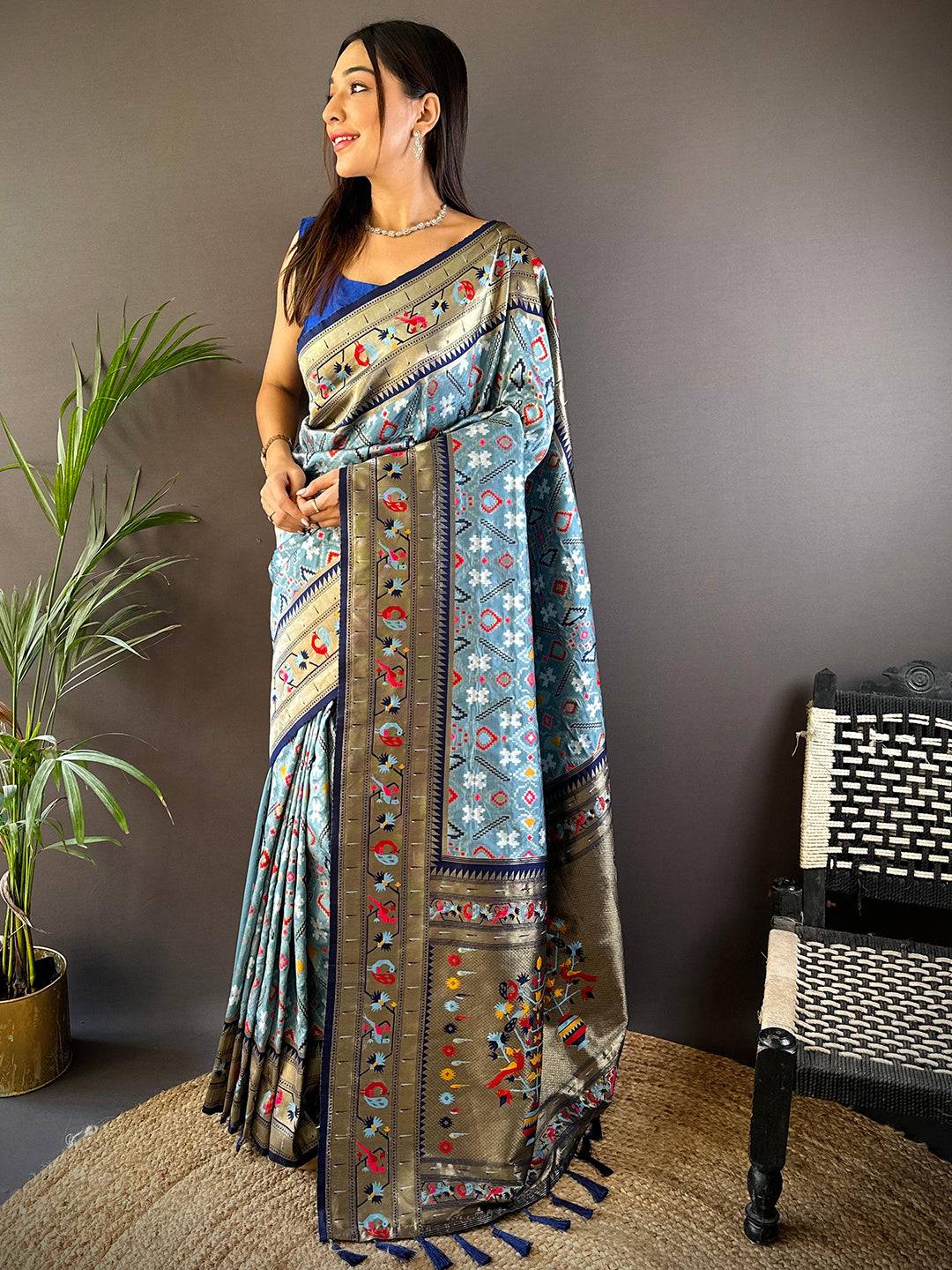 Sky Blue Patola Silk Zari Weaving Saree by My Store