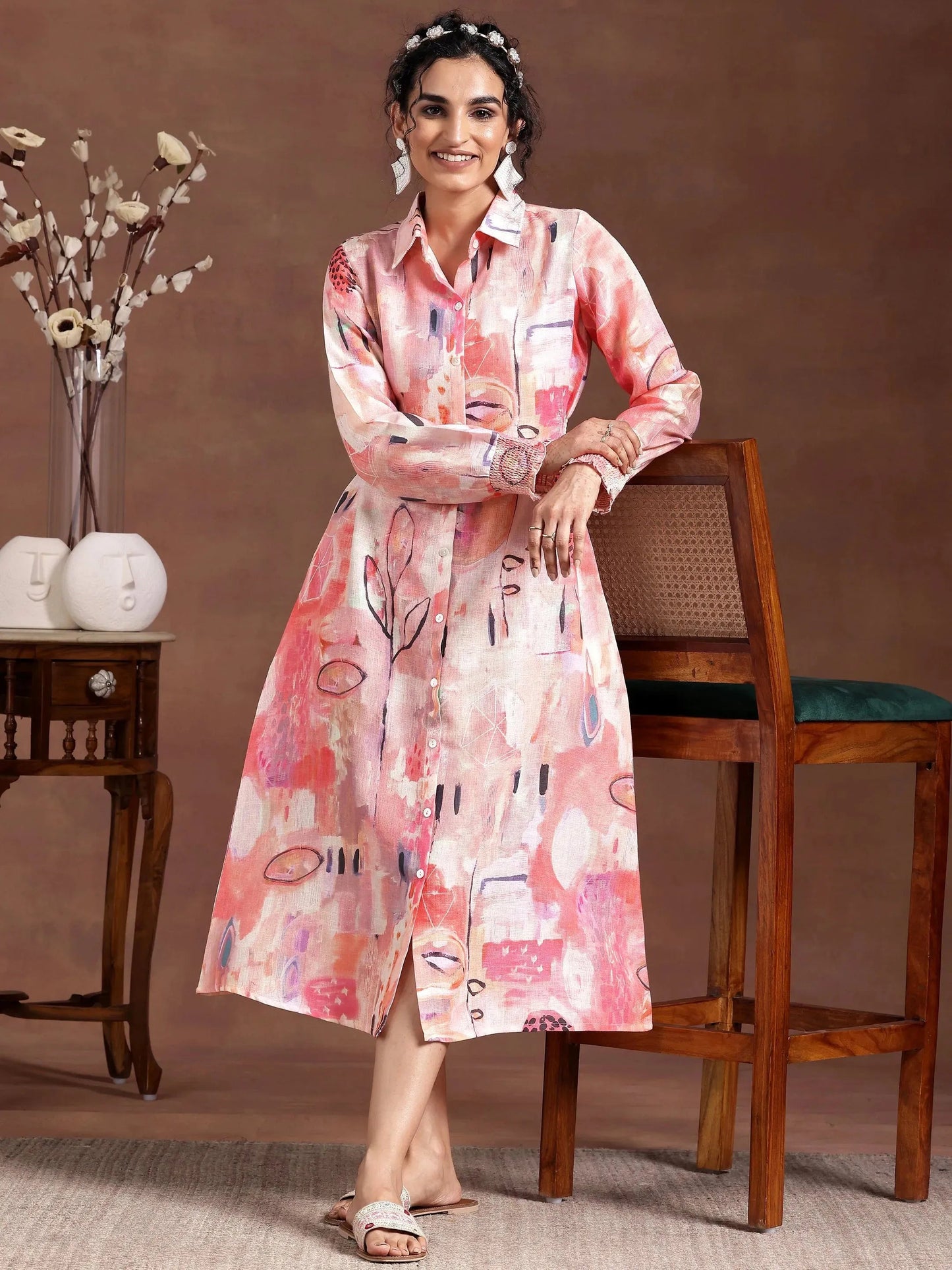 Peach Printed Cotton Blend A-Line Dress by My Store