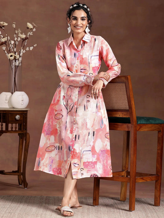 Peach Printed Cotton Blend A-Line Dress by My Store