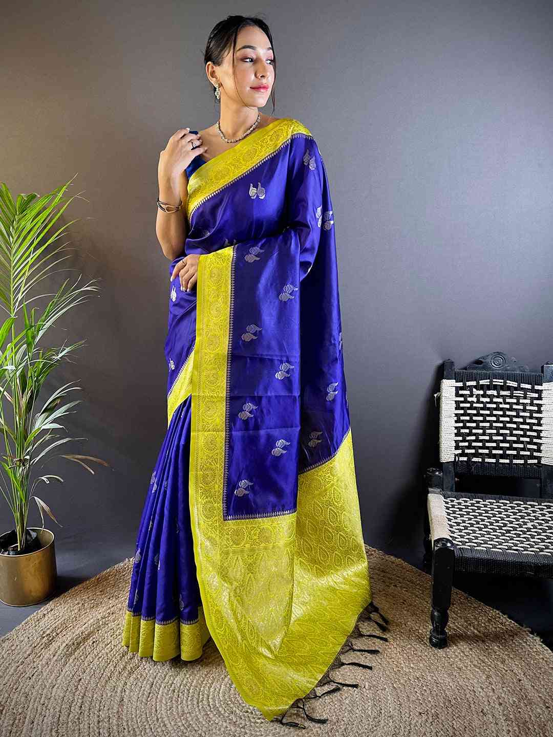 Elegant Purple Silk Saree with Gold Zari Accents by My Store