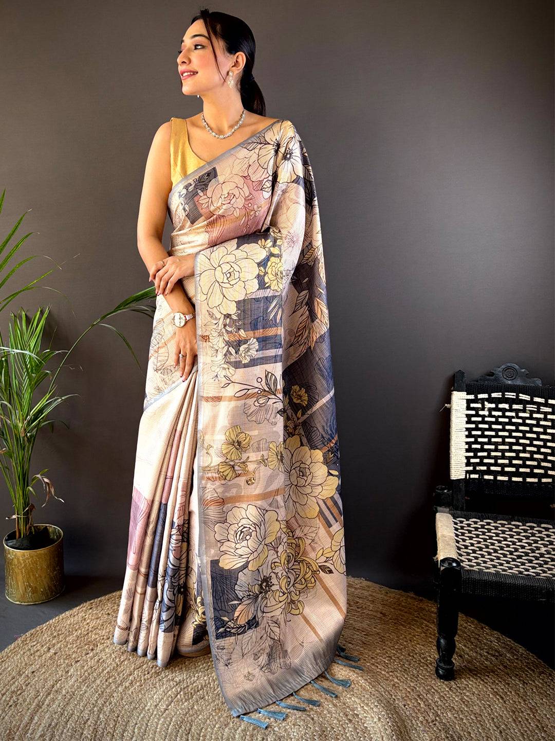 Stone Blue Tussar Floral Saree by My Store