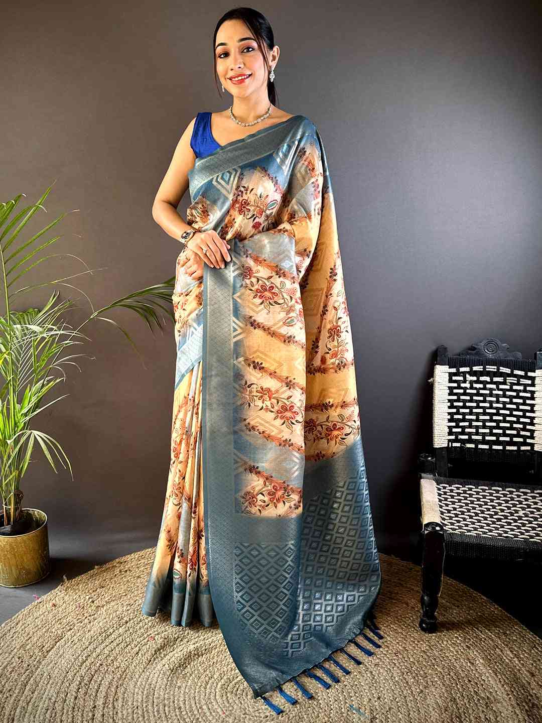 Blue Banarasi Ombre Floral Print Saree
