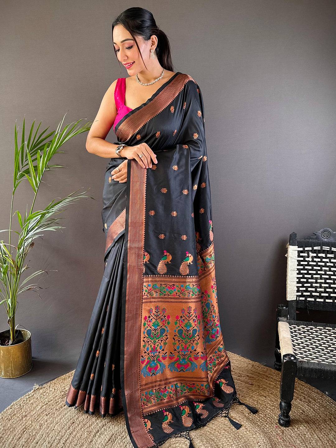 Copper Allure Soft Silk Black Saree by My Store