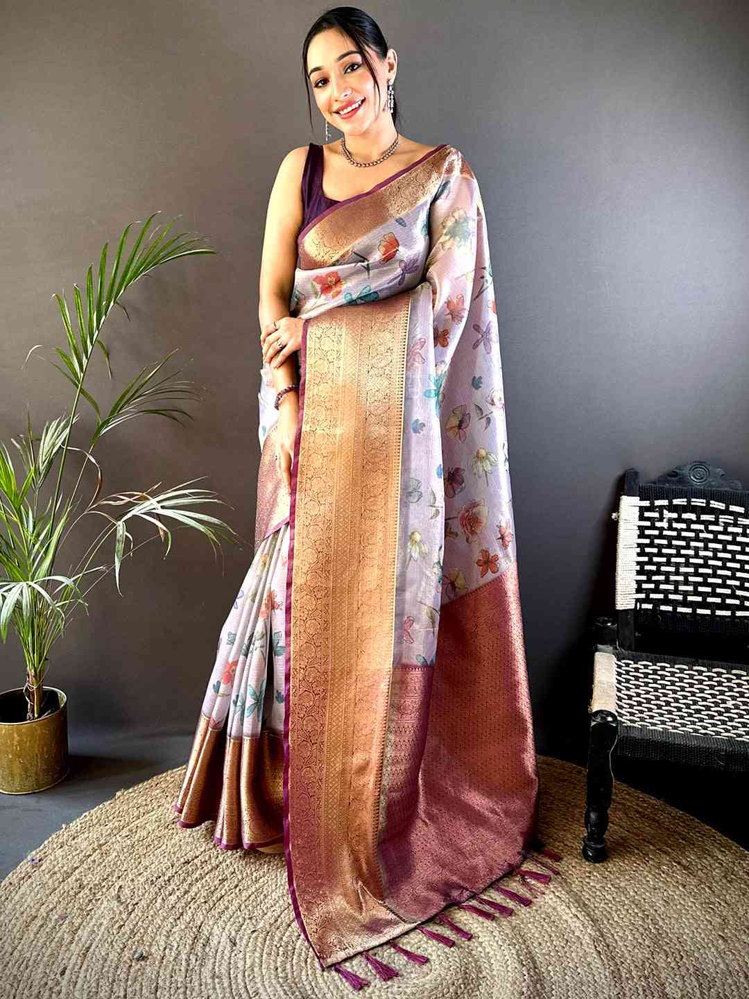 Lavender Floral Gold Zari Tissue Saree by My Store