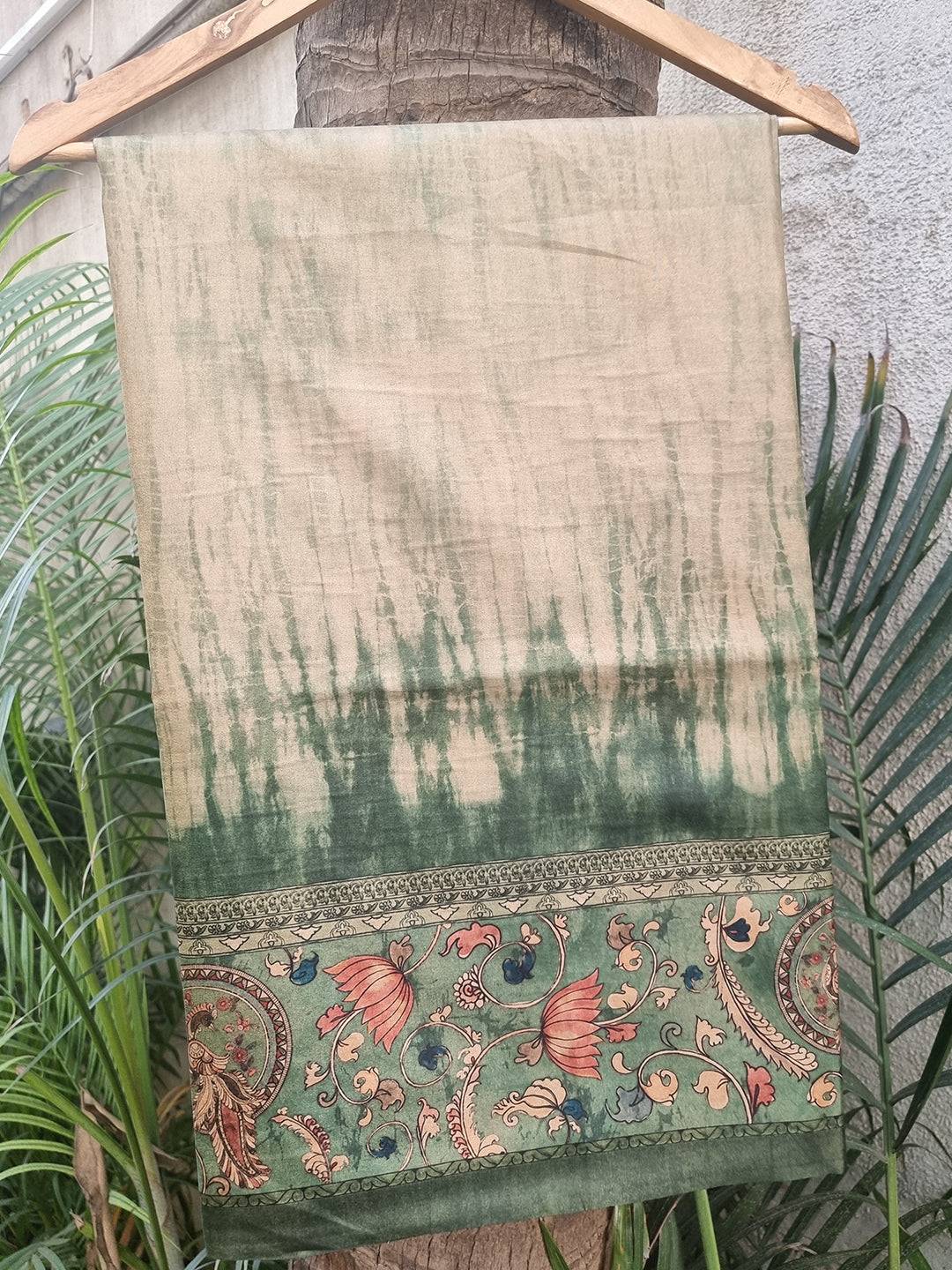 Green Colour Tussar Silk Saree With Batik and Kalamkari Print Border by My Store