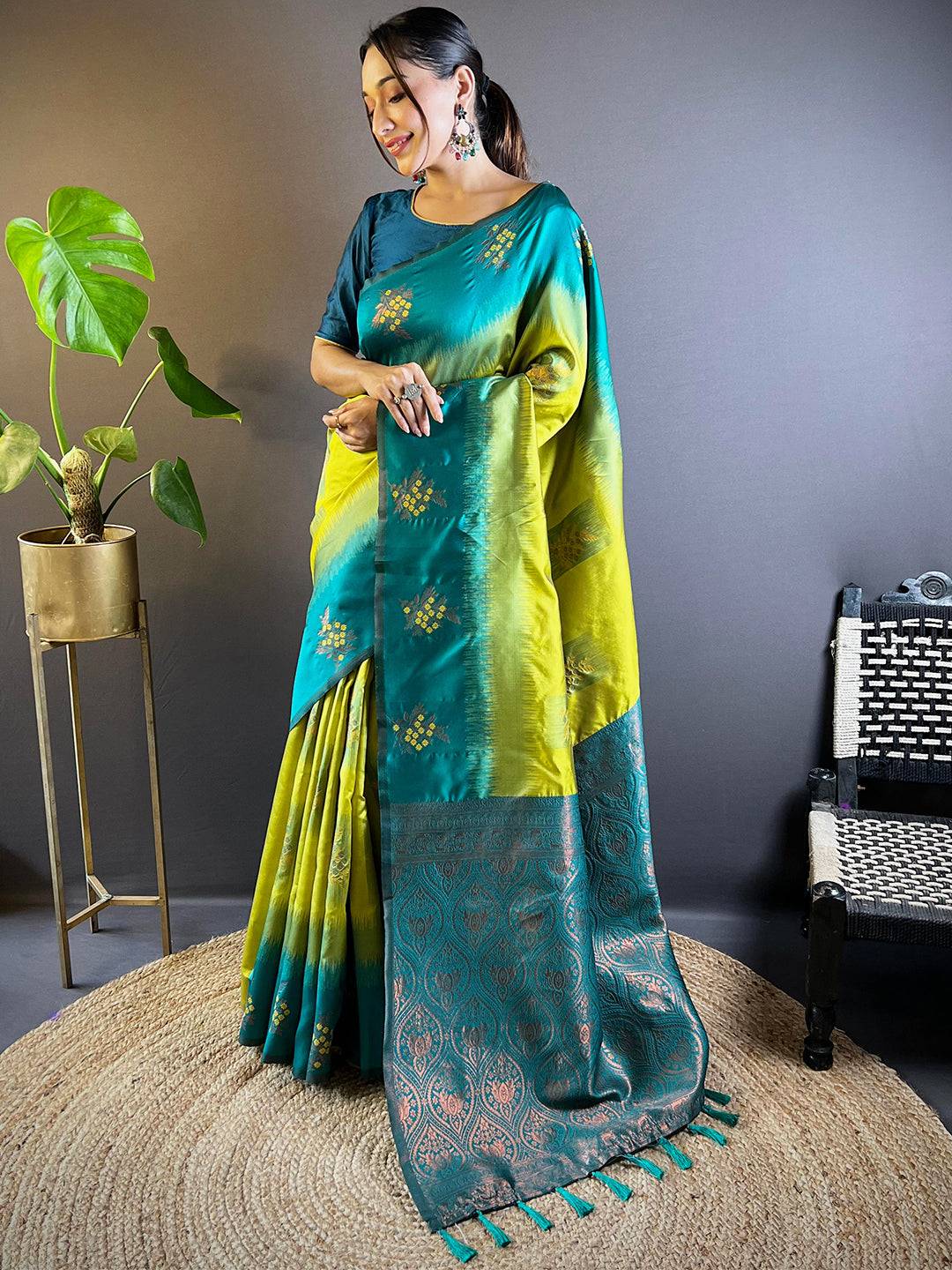 Lime Sami Banarasi Tussar Silk Saree by My Store