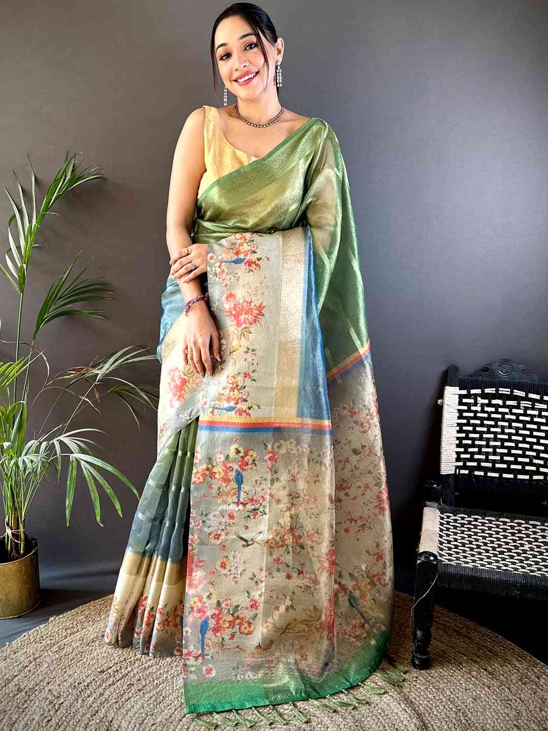 Dark Green Ombre Zari Tissue Digital Print Saree by My Store