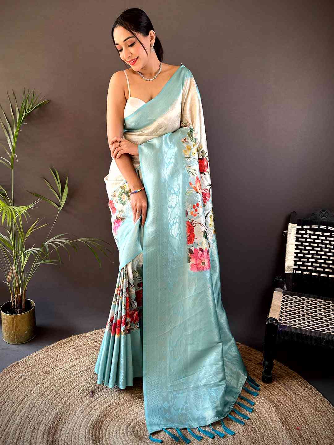 Ivory Kanjivaram Digital Silk Saree by My Store