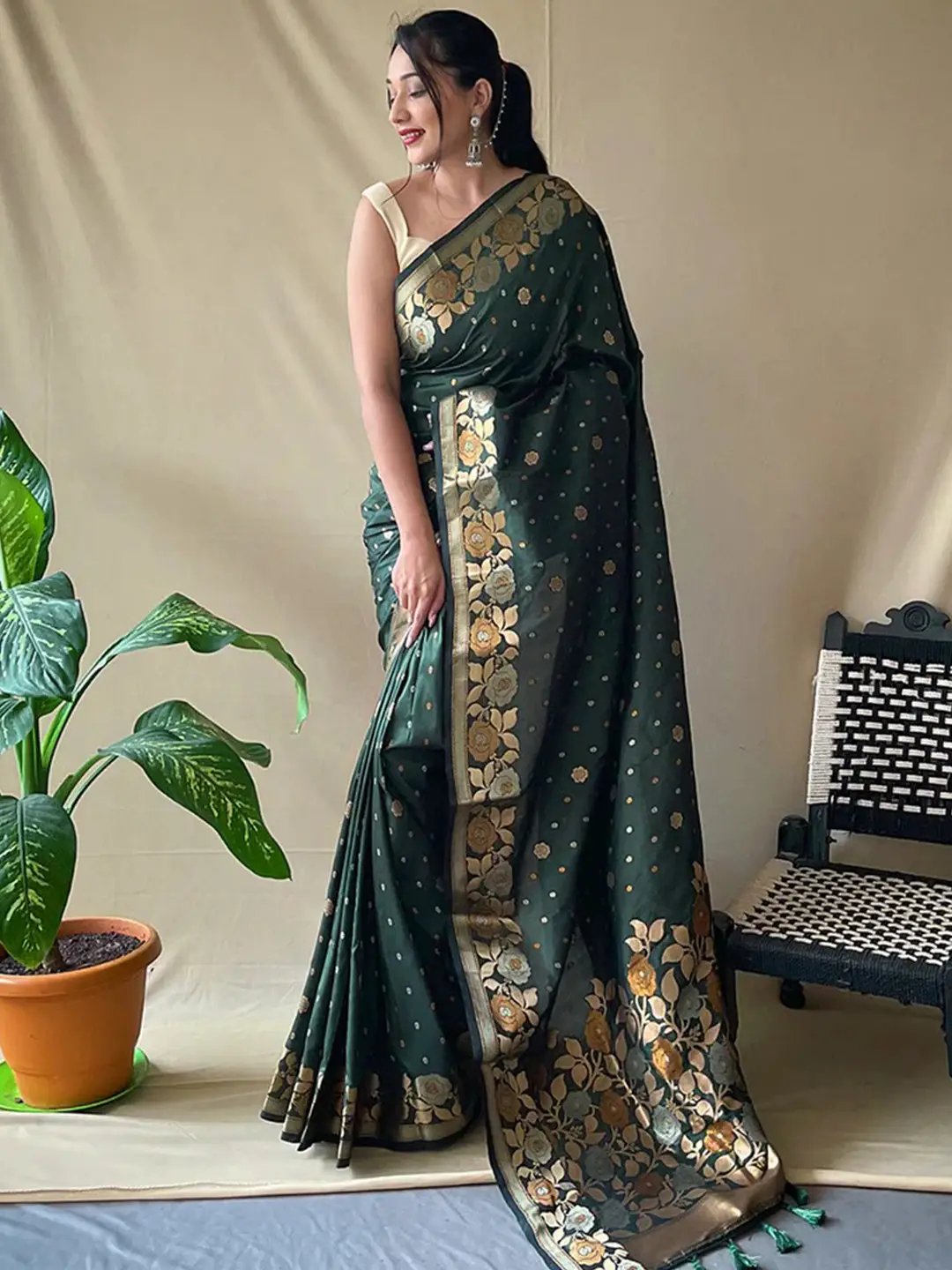 Bottle Green Colour Banarasi Silk Zari Woven Saree by My Store